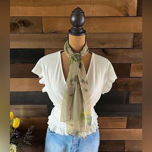 Vintage Sheer Green Floral Hair Wrap / Scarf 51” Length